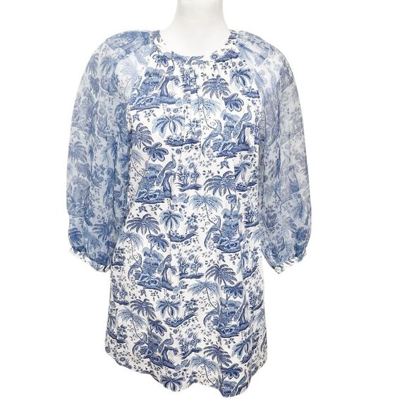STAUD Garden Shift Dress Blue Toile Chinoiserie Women’s Size Small Sheer Sleeve - Picture 2 of 10